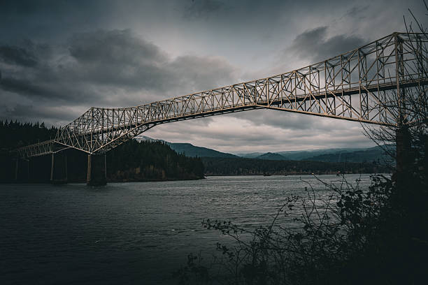 wide-angle view of  massive steel truss bridge, \