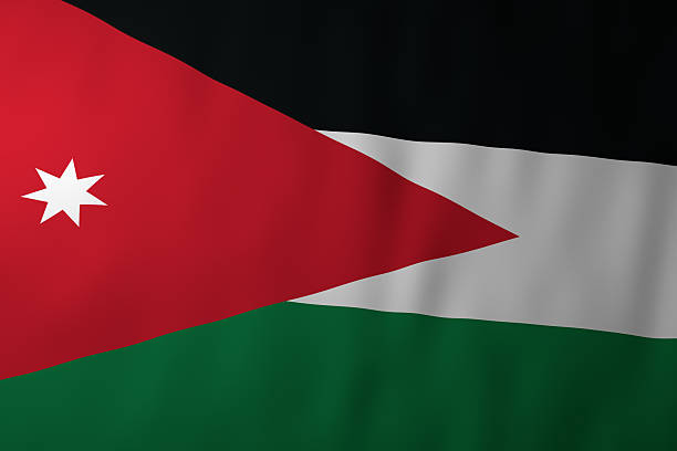 The national flag of Jordan featuring black, white, and green horizontal colors with a red triangle and a white seven-pointed star. The image represents Jordanian sovereignty, national identity, and heritage.