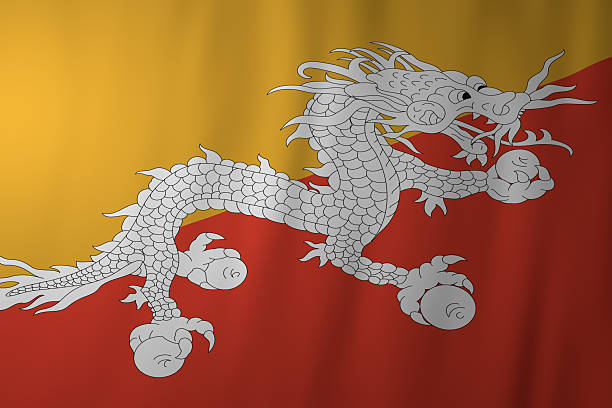 The national flag of Bhutan featuring a white dragon positioned between yellow and red fields. The dragon represents purity and protection, while the colors symbolize spiritual and secular authority.