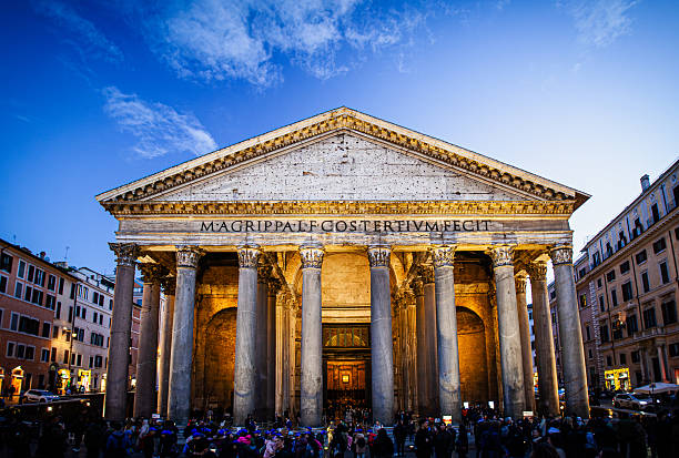 The Pantheon church facade at sunrise in Rome, Italy. Composite photo