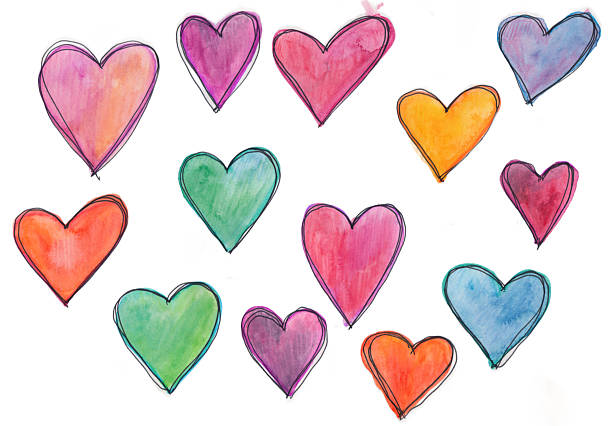 This is a collection of 13 hand painted hearts in multiple colors ranging from red, orange, pink, yellow, green, blue, purple. Each heart was created using watercolors on white paper and outlined with black ink. They are great for design elements and backgrounds.