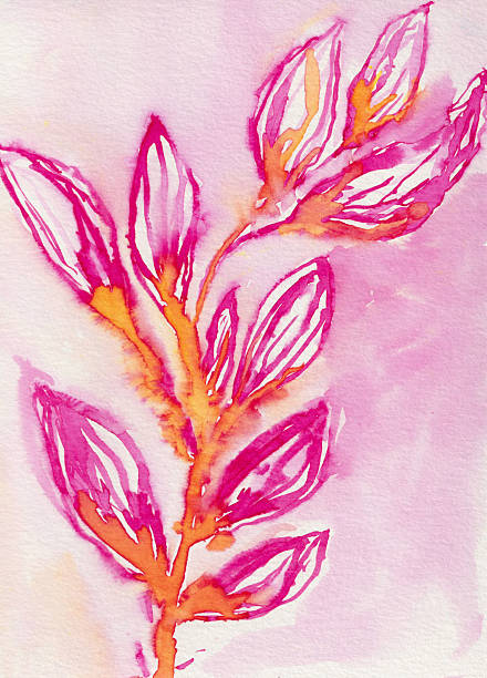This hand painted watercolor plant has orange branches with hot pink buds and flowers. There is an ink wash / watercolor bleed effect of the colors blending together on a white paper background. The flower blooms vertically up through the center of the paper with turning branches and a dreamy soft effect.