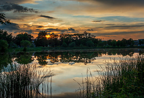 Beautiful sunset on lake Bubanj in Kragujevac, central Serbia