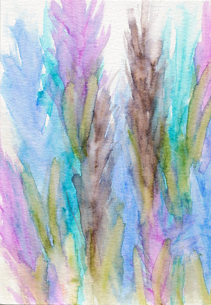 This abstract hand painted watercolor has flowers blooming vertically from the bottom with main shades of turquoise, blue, purple, green and beige. There is an ink wash / watercolor dreamy effect of the colors blending together on a white paper background.