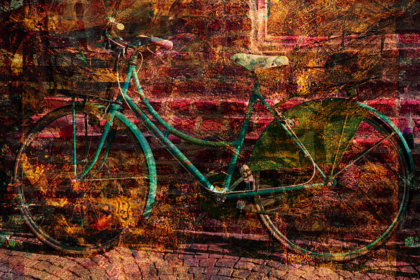 Digitally enhanced image of a vintage-style bicycle parked against an urban wall, layered with rich grunge textures and abstract color effects. The composition blends street photography with artistic overlays, creating a dynamic and weathered atmosphere.