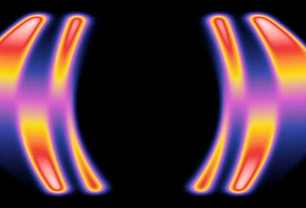 Symmetrical abstract design featuring glowing neon waves in purple, orange, and red hues. The shapes create a dynamic, futuristic pattern against a dark background. The vibrant colors blend smoothly, forming a high-contrast composition that suggests energy flow and movement. The image embodies a digital art style with a focus on symmetry and optical impact.