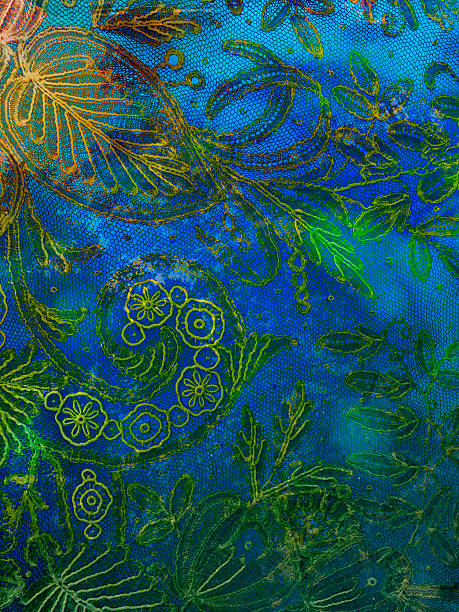 Digitally enhanced abstract background featuring intricate floral and botanical lace patterns in vibrant blue, green, and yellow tones. The image combines detailed organic motifs with a textured mesh surface, creating a decorative textile-like design.