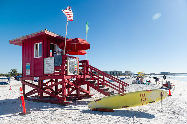 Yellow lifeguard tower on an early morning beach.  Copy space in the sky if needed.