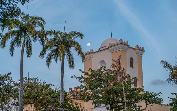 Recife, Pernambuco, Brazil:Part of the Malakoff Tower, palm trees, and the full moon in downtown Recife.