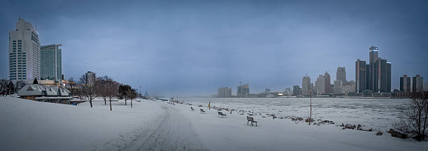 The Detroit skyline during the winter at dusk.