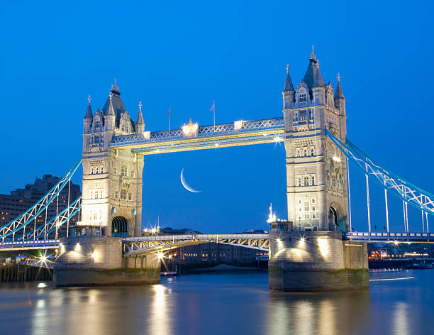 England London The Tower bridge, crescent moon rising The Thames River