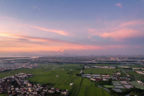 Villages, fields, and rivers in the morning glow