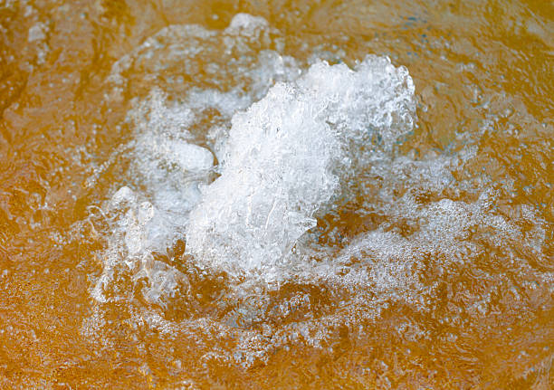 A small white bubble in a brown body of water. The bubble is surrounded by a brownish-orange water