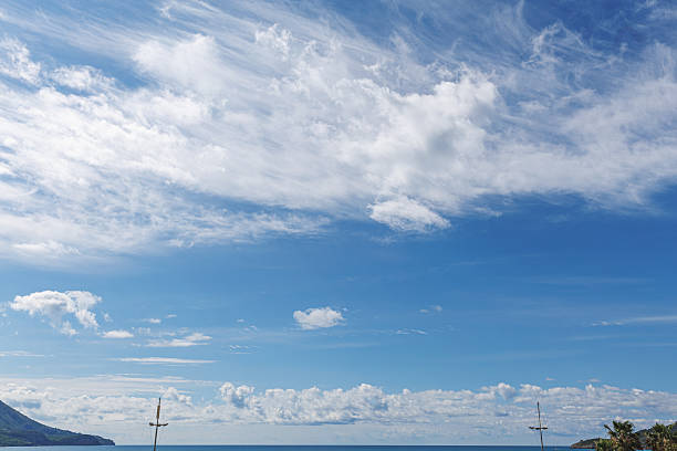 Beautiful blue sky and white clouds above the coast on a sunny day in winter