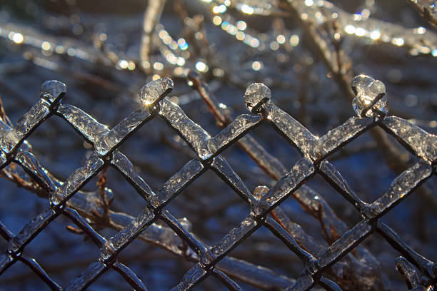 Close-up of a metal chain link fence encrusted in thick, transparent ice during a winter morning. The sun creates bright flares and bokeh highlights on the frozen surface.