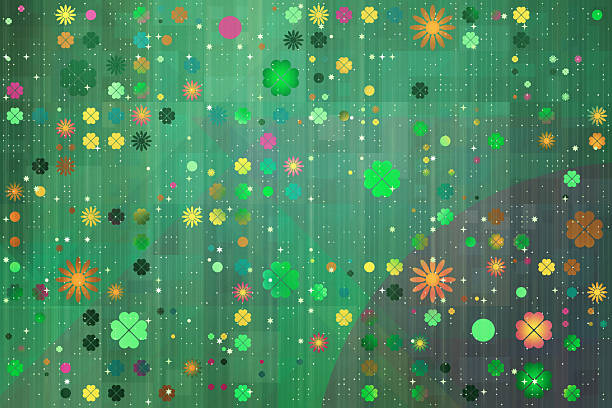 This vibrant digital illustration features a dense arrangement of colorful flowers and lucky four-leaf clovers scattered across a textured green grid background. The playful composition incorporates twinkling stars and geometric dots, creating a whimsical and festive mood suitable for spring-themed creative projects.