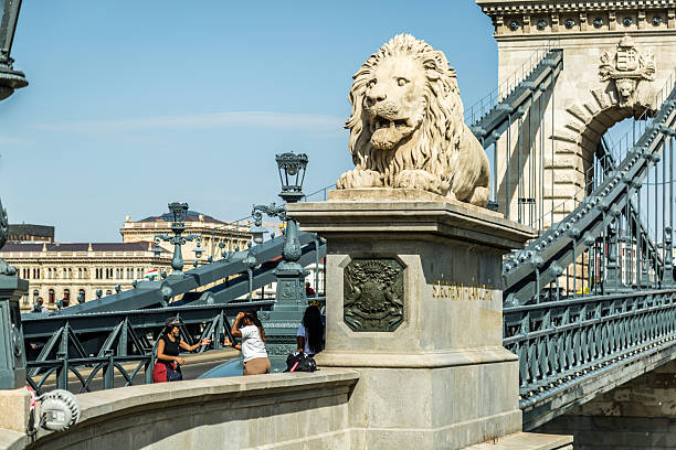 Budapest, Hungary – August 28, 2025. Széchenyi Chain Bridge spanning the Danube River in Budapest, Hungary, featuring its historic suspension structure and decorative stone lion sculptures. The landmark connects Buda and Pest and represents one of the most recognizable architectural and cultural symbols of the Hungarian capital.