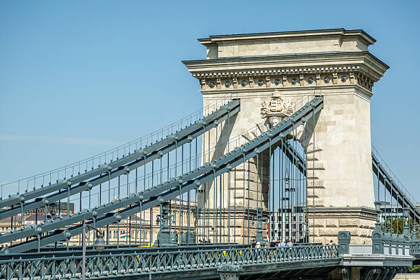 Budapest, Hungary – August 28, 2025. Széchenyi Chain Bridge spanning the Danube River in Budapest, Hungary, featuring its historic suspension structure and decorative stone lion sculptures. The landmark connects Buda and Pest and represents one of the most recognizable architectural and cultural symbols of the Hungarian capital.