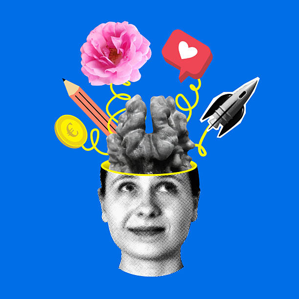Surreal woman's head with rocket, coin, flower, pencil, like button inside. Head with nut shaped brain. Modern collage. Lifestyle, daily routine. Mental health. Multitasking. Women's thoughts in head