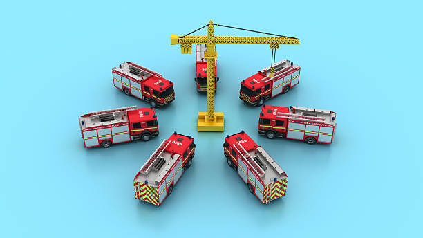 Circle of Fire Trucks with Crane - Color Background - 3D Rendering