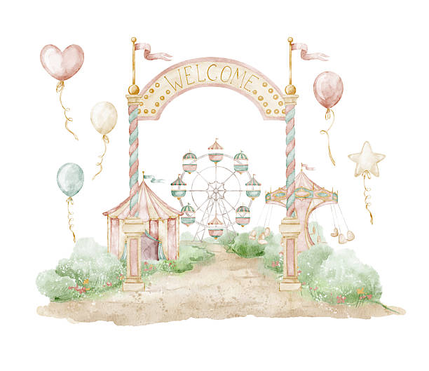 Watercolor welcome arch illustration with balloons and Amusement park elements in pastel colors. Entrance with Ferris whale and carnival tent for children nursery posters and vintage fairground.