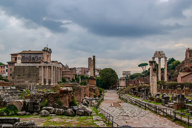 Roman temple pillar ruins in Rome, Italy.