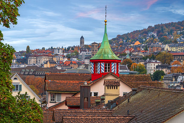 Zurich, Switzerland Rooftop Views at dusk.