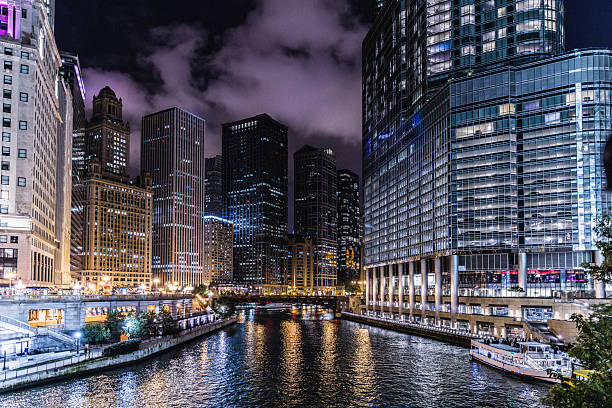 istock Chicago River winding through the city at night 2259876340