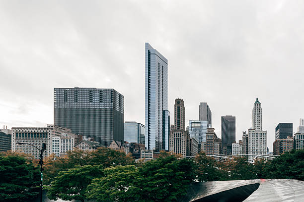 Modern skyscrapers rise beyond green parkland, showing the contrast between nature and dense urban development in Chicago.