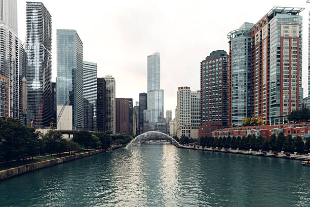 Chicago River bridges, downtown Chicago. State Street Bridge (near) and Wabash Avenue Bridge (far).
