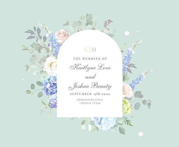 Bridgerton inspired pastel floral vector design frame. Blue delphinium, hydrangea, white peony, eucalyptus, rose, hyacinth, greenery and plants card. All flowers and branches are isolated and movable