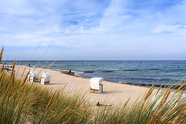 Sunny Baltic Sea beach near Ahrenshoop, Germany, with dune grasses in the foreground, white beach chairs, and calm blue water under a clear sky. A peaceful coastal scene for travel and lifestyle use.