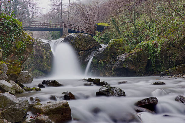 A serene long exposure shot of a waterfall flowing under an old wooden footbridge, surrounded by moss-covered rocks and lush green trees in the Black Sea region.
