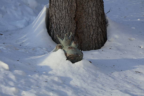 A stone frog with a crown is covered after a snowfall in a front yard next to a tree.