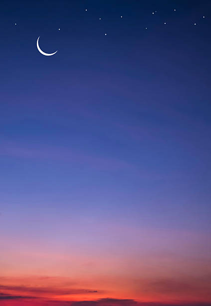 Crescent moon and star on twilight sky vertical background in early morning before sunrise with copy space for editing arabic text, Ramadan kareem, Eid al Adha, Eid al fitr, Mubarak, Islamic New Year