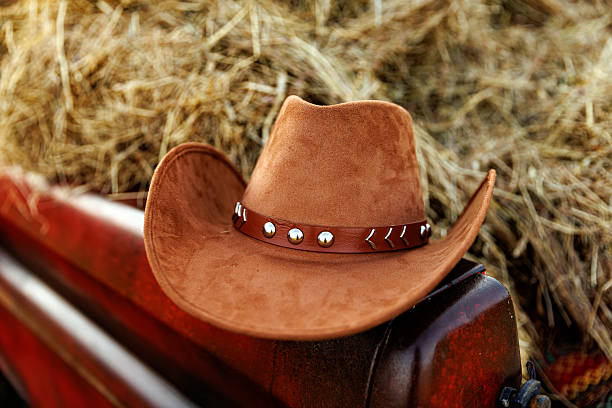 Brown suede cowboy hat placed on a hay bale in an outdoor rural setting.