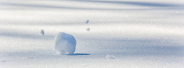 Close?up, panoramic view, of a small snowball casting a long blue shadow on a sunlit, sparkling snow field, with soft focus snow shapes in the background creating a tranquil minimalist winter landscape suitable for seasonal, nature, and abstract concepts.