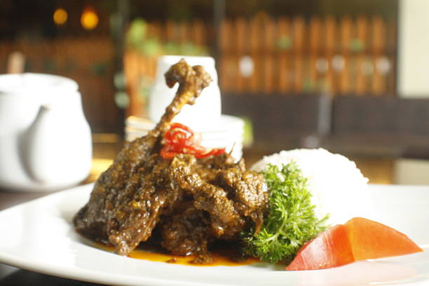 istock Richly Flavored Duck Dish with Steamed Rice and Garnish on White Plate 2259929409