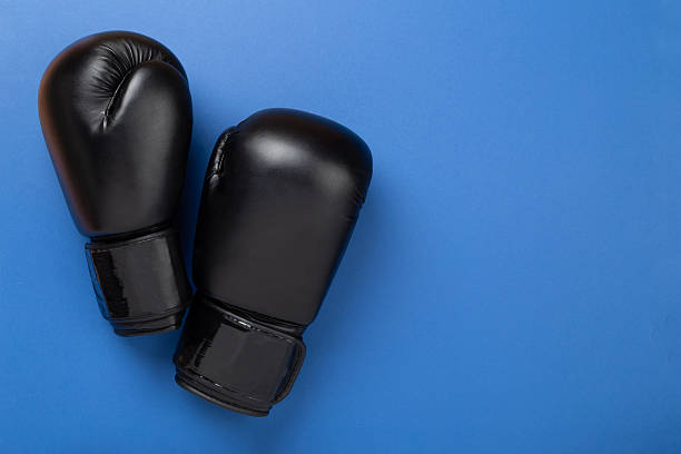 istock Black boxing gloves on color background, top view 2259930093