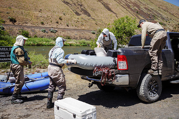 A group of mature male friends load rafts, fishing equipment, and camping gear into a pick-up truck as they prepare to leave the river after their fly fishing trip.