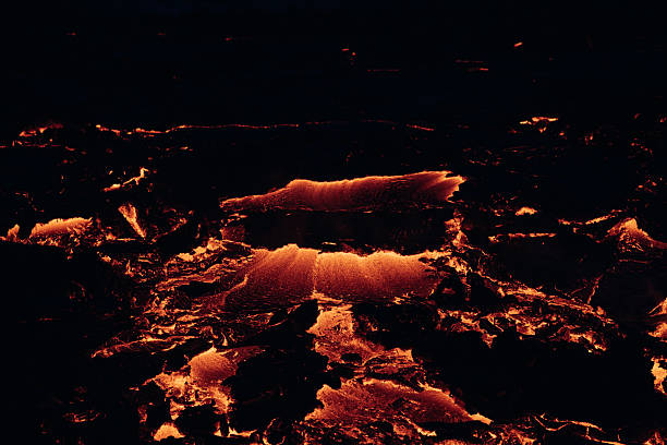 An aerial view of the volcano eruption at night