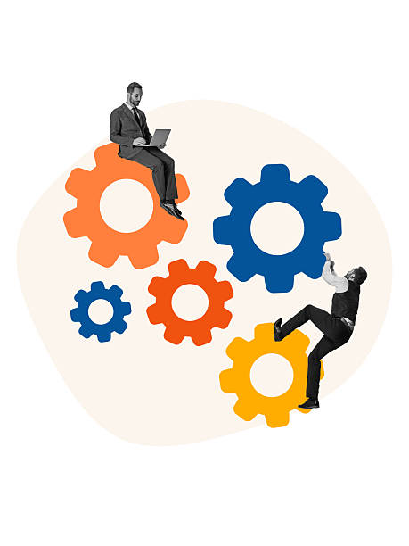 istock Colorful composition with businessmen interacting with oversized gears 2259936831