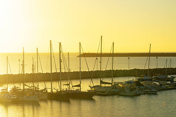 Boats in marina at sunset with soft golden haze creating relaxed travel and leisure background.