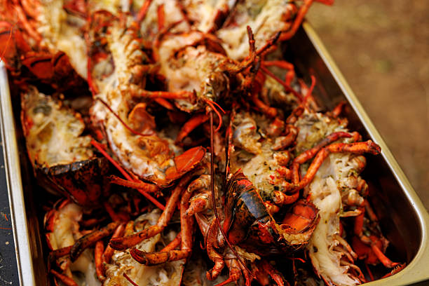 A metal tray is filled with grilled lobsters showing charred shells and exposed meat. The warm tones emphasize seafood preparation and outdoor cooking.