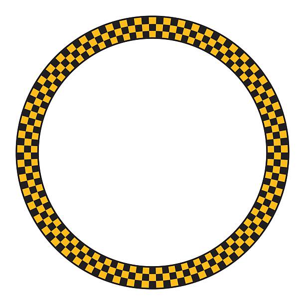Round taxi or police frame with black and yellow chequered print isolated on white background. Vignette with checkerboard pattern. Circular banner template. Vector flat illistration.