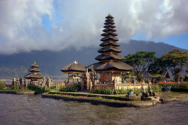 Iconic Pura Ulun Danu Beratan temple showcasing Balinese architecture on Lake Bratan against a mountain backdrop. Scanned from analog film