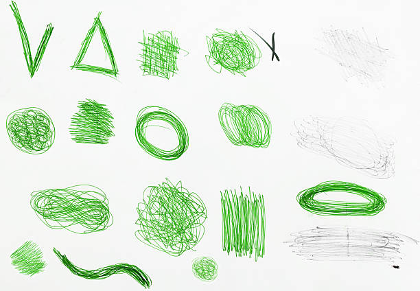 A set of various abstract sketches and geometric shapes, drawn with a green pen and a simple pencil on a white background.