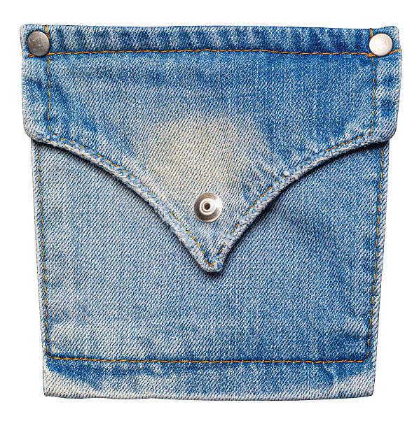Light blue denim jeans pocket with a triangular flap, metal snap button, and yellow stitching. Transparent background