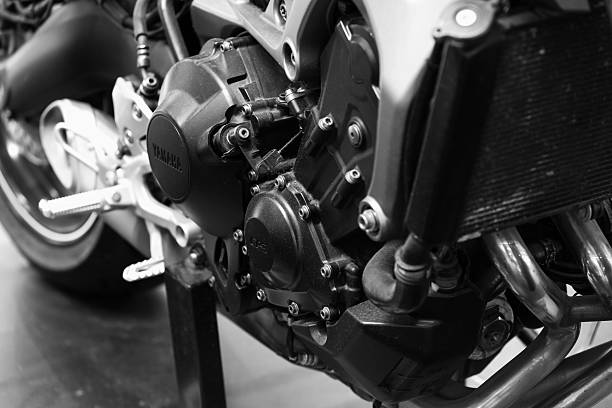 St.Petersburg, Russia - December 1, 2024: A detailed black-and-white shot focusing on the Yamaha CP3 motorcycle engine
