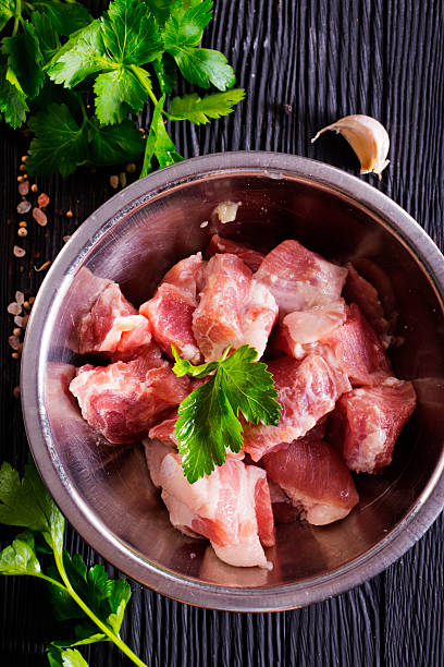 istock Raw meat, uncooked Meat in a bowl. black background. top view. 2259996992